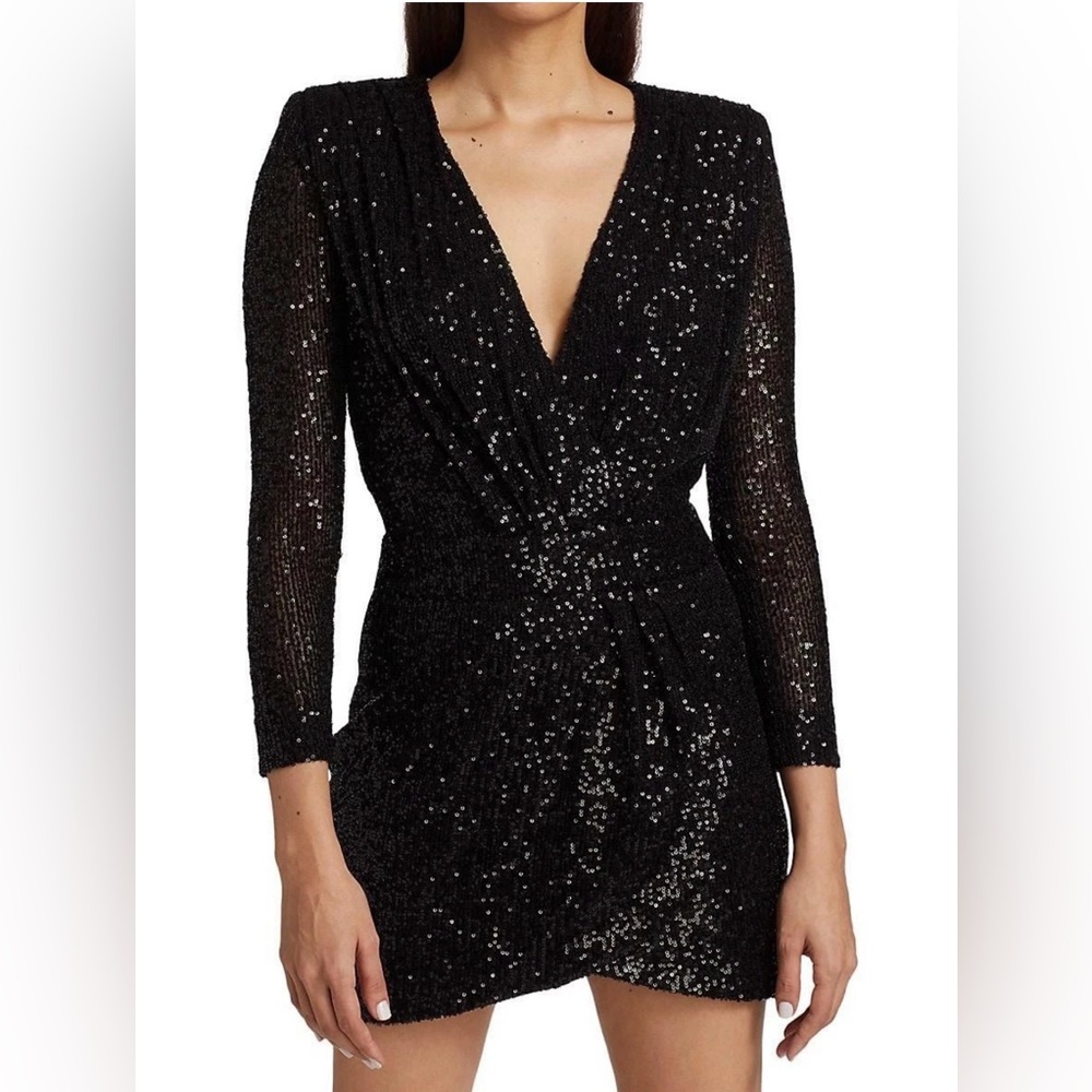 Ramy Brook Becky Plunge Neck Black Sequin Long Sleeve Wrap Skirt Mini Dress Sz 8